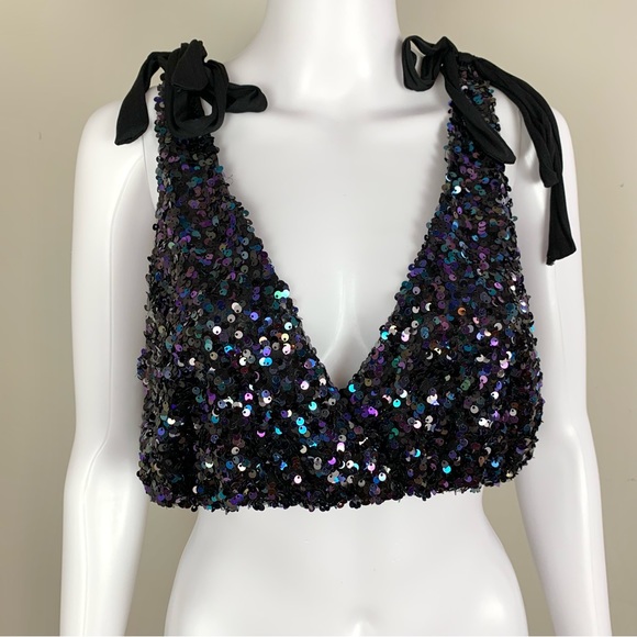 Free People Big Night Sequin Embellished Crop top bra in petrol - Picture 8 of 14
